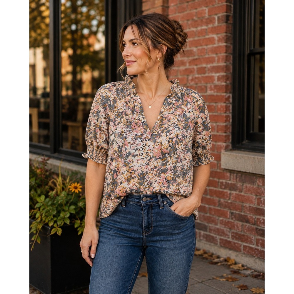 EVEREVE Women's Medium Floral Blouse Boho Smocked Cuff V Neck Cottage Core